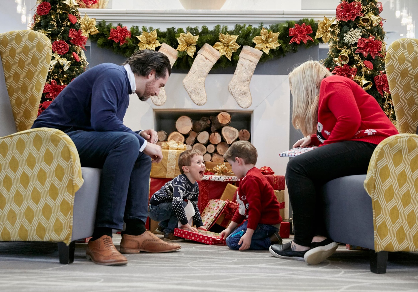 Coldra Court Hotel Family in Lobby at Christmas