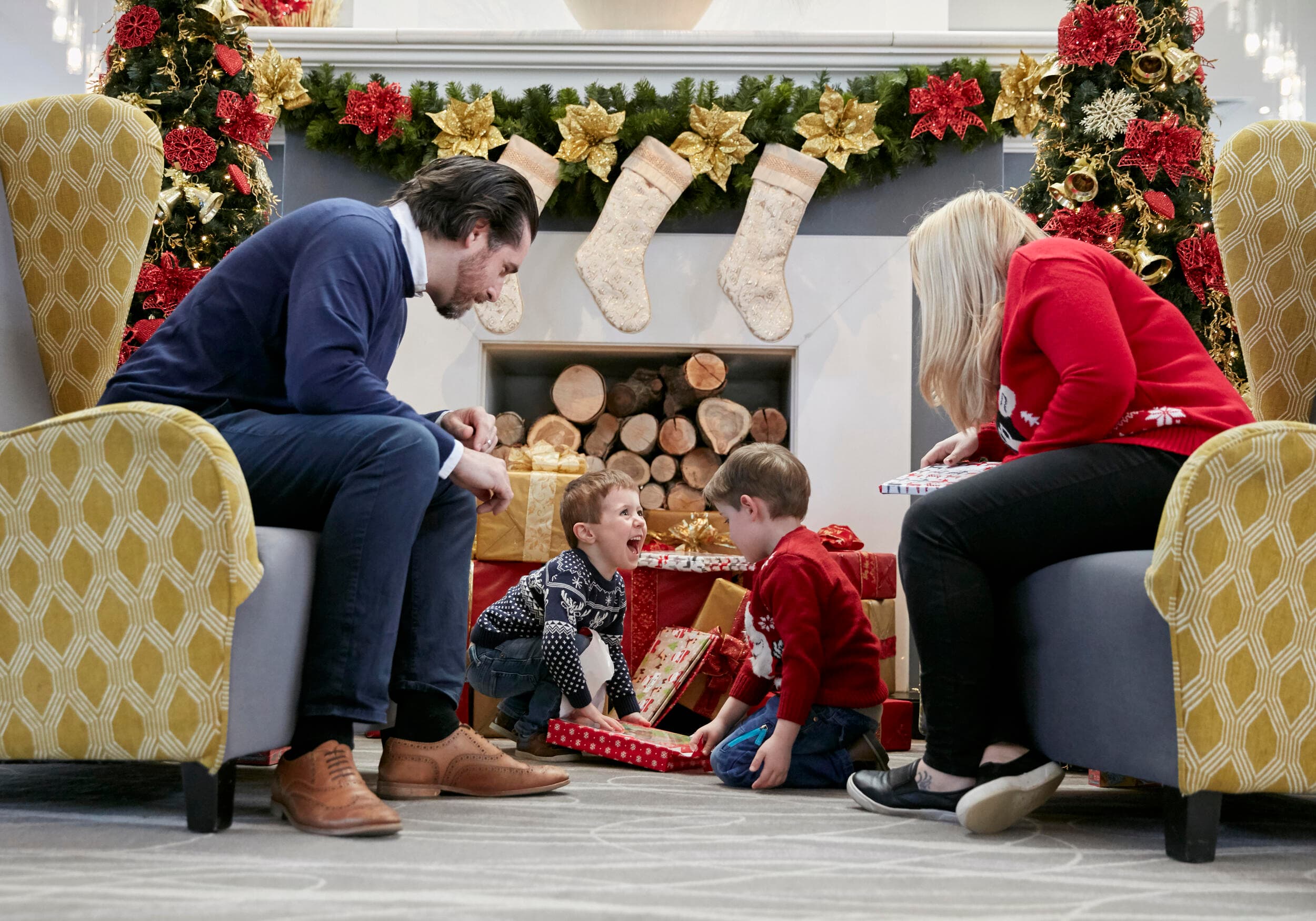 Coldra Court Hotel Family in Lobby at Christmas